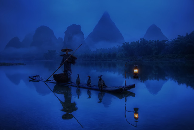 Обои картинки фото мужчины, -unsort, китаец, лодка, бакланы, озеро