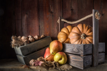 обоя еда, натюрморт, осень, листья, стол, доски, веревка, тыквы, фрукты, орехи