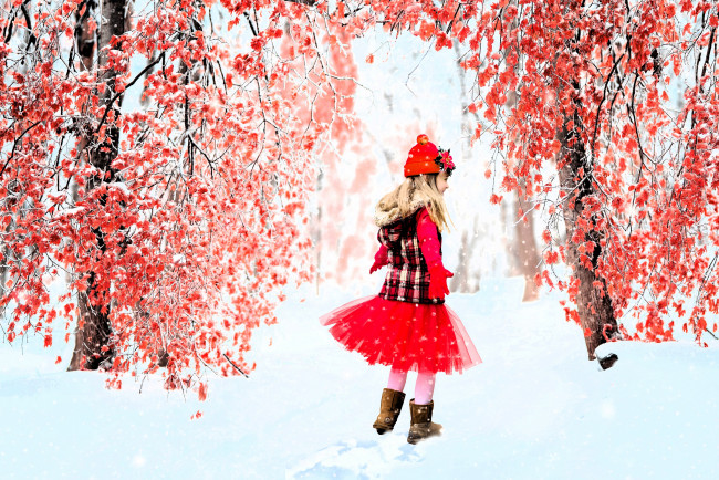 Обои картинки фото разное, дети, девочка, шапка, платье, снег, деревья, листья