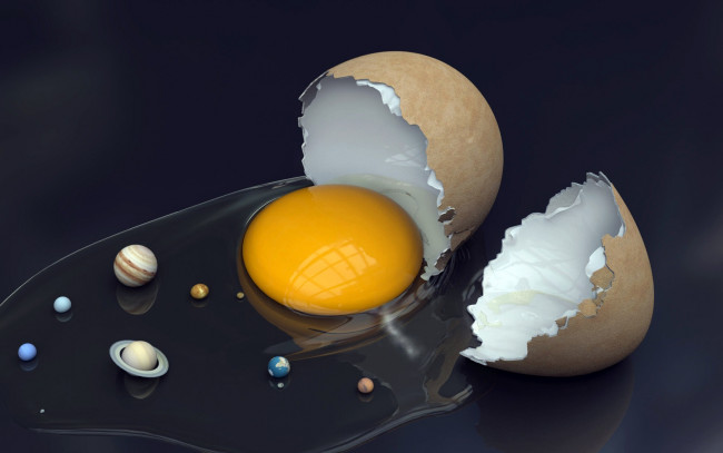 Обои картинки фото 3д, графика, humor, юмор, скорлупа, желток, яйцо, планеты