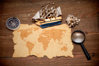 Картинка разное глобусы карты корабль лупа ракушка компас карта