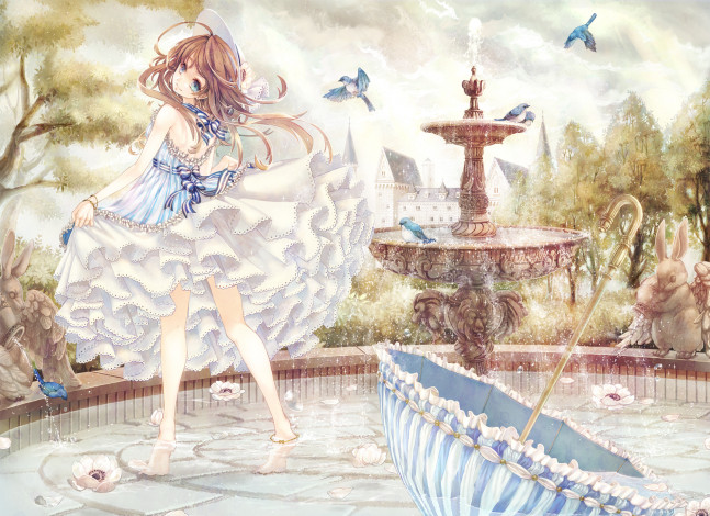 Обои картинки фото аниме, *unknown, другое, зонтик, длинные, волосы, девушка, фонтан, шляпа, птицы