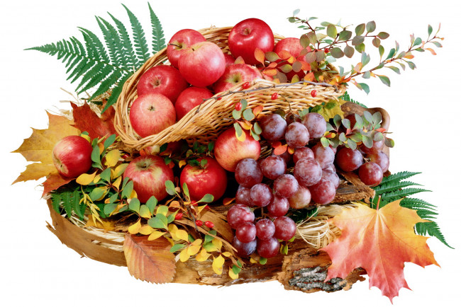 Обои картинки фото еда, фрукты, ягоды, яблоки, виноград, листья