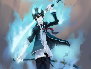 обоя аниме, ao no exorcist, рин, синий, экзорцист, арт, брюнет, парень, демон