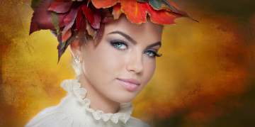 Картинка девушки -unsort+ лица +портреты ресницы зеленые глаза лицо девушка фон осень листья серьги губы взгляд