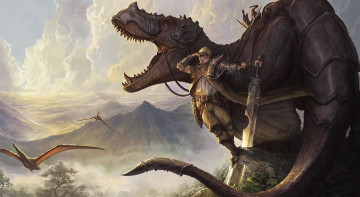 Картинка фэнтези люди меч мужчина воин стимпанк динозавр