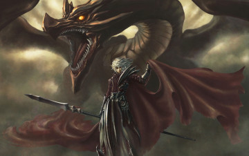 Картинка фэнтези драконы тёмный принц эльф ткань копьё дракон