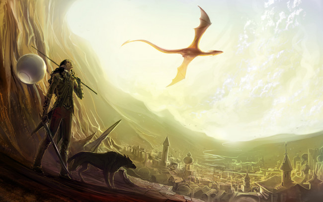 Обои картинки фото фэнтези, эльфы, город, собака, меч, дракон, эльф