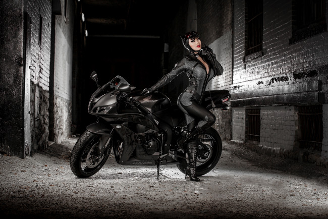 Обои картинки фото мотоциклы, мото с девушкой, honda, хонда, кошка, черный