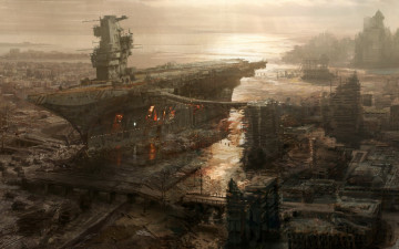 Картинка фэнтези иные+миры +иные+времена море дома здания руины разруха город апокалипсис авианосец корабль