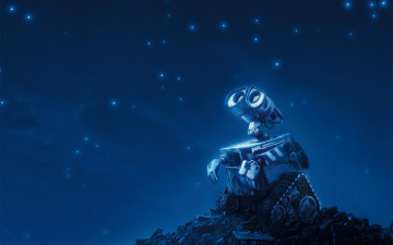 обоя мультфильмы, wall-e, взгляд, робот, мусор, куча, небо, мечта, звезды
