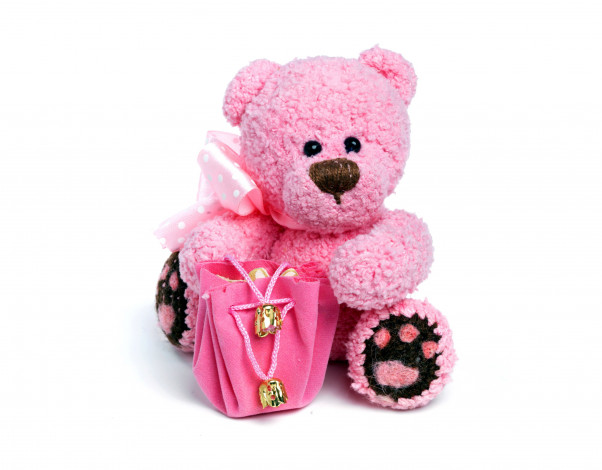 Обои картинки фото разное, игрушки, медвежонок, розовый, бант, сумочка