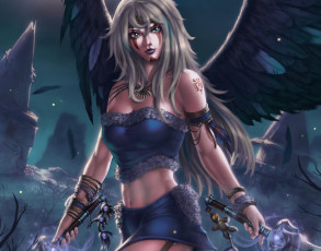 Картинка фэнтези ангелы взгляд крылья ангел девушка фантастика оружие