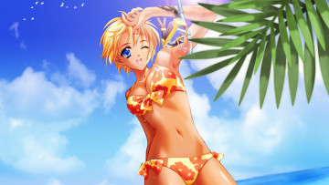 Картинка аниме unknown +другое девушка купальник блондинка море пляж загар маска пальма небо
