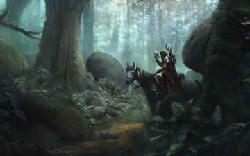 Картинка фэнтези люди наездник лес арт конь птица деревья охотник сокол