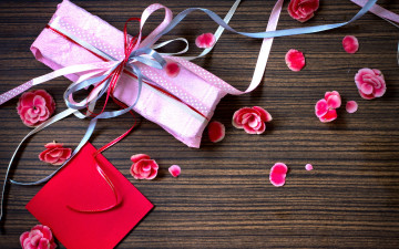 обоя праздничные, день святого валентина,  сердечки,  любовь, valentines, day, gifts, подарок, лист, цветы, бант