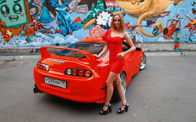 Обои картинки фото автомобили, -авто с девушками, toyota, supra