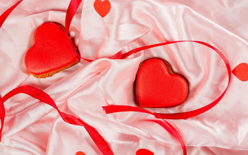 обоя праздничные, день святого валентина,  сердечки,  любовь, лента, шелк, пряники, сердечки