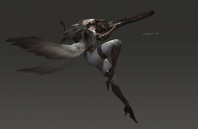 Обои картинки фото фэнтези, ангелы, девушка, оружие, крылья