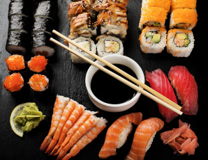 обоя еда, рыба,  морепродукты,  суши,  роллы, японская, кухня, суши, роллы, икра, имбирь, васаби, соевый, соус