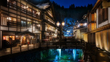 Картинка города -+огни+ночного+города фотография япония ночь мост гиндзан онсэн