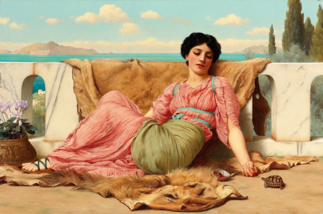 Обои картинки фото бесшумный любимец, рисованное, john william godward, девушка, шкура, черепаха