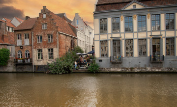 Картинка города гент+ бельгия река дома кафе