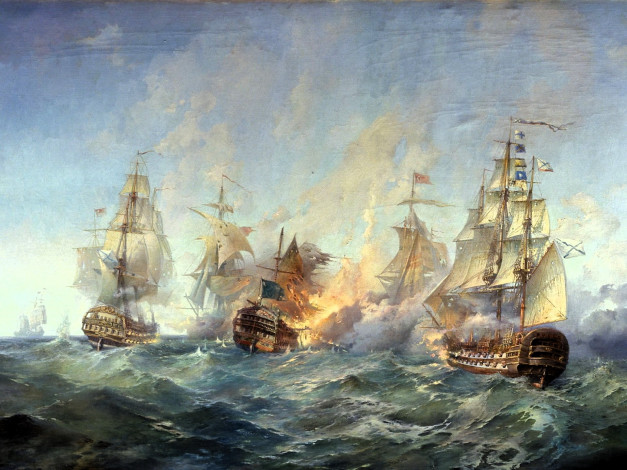 Обои картинки фото сражение у острова тендра, рисованное, александр блинков, корабли, парусники, море, бой