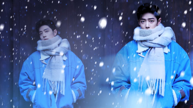 Обои картинки фото мужчины, xiao zhan, актер, шарф, куртка, снег