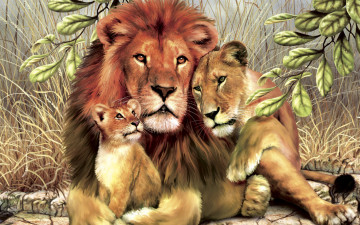 обоя family, pride, рисованные, животные, львы, семья
