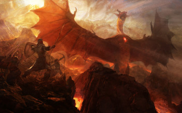 Картинка видео игры dragon`s dogma скалы дракон войны лучник копье лава