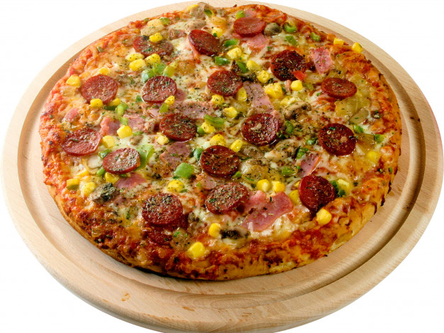 Обои картинки фото еда, пицца, колбаса, кукуруза