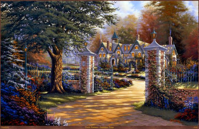 Обои картинки фото derk, hansen, рисованные, арт, ворота, забор, дерево, цветы, дом