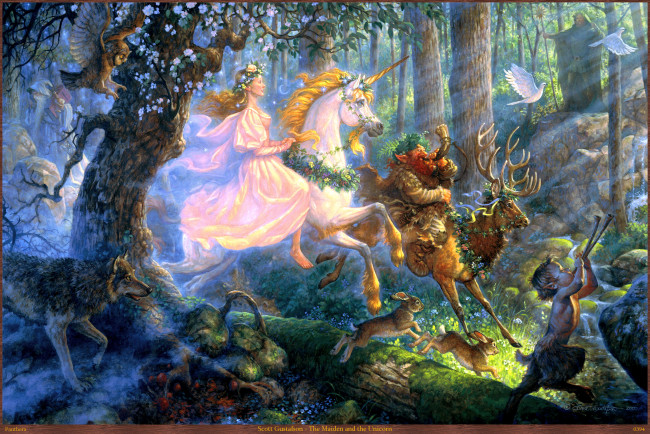 Обои картинки фото scott, gustafson, the, maiden, and, unicorn, фэнтези, существа, арт, лес, девушка, единорог, олень, чертёнок, волк, зайцы, голуби