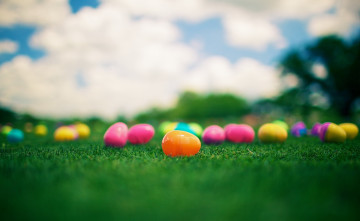 Картинка праздничные пасха цветные пластмассовые яйца трава
