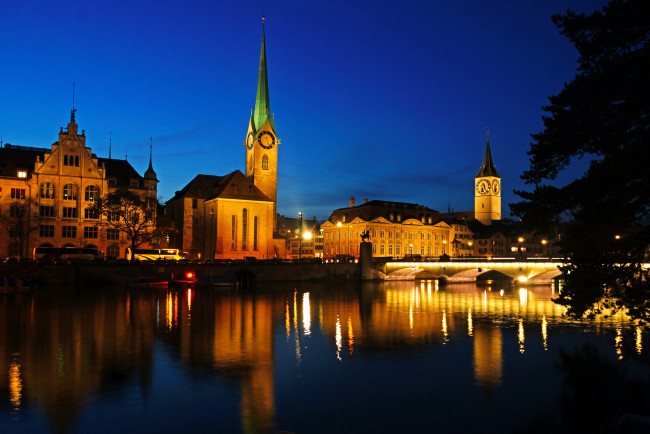 Обои картинки фото города, цюрих, швейцария, мост, огни, ночь, дома, река