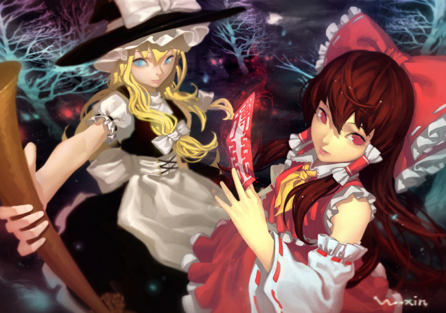 Обои картинки фото touhou, аниме, reimu, hakurei, marisa, kirisame