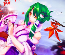 Картинка аниме touhou декольте улыбка взгляд art kalalasan девушка kochiya sanae вода осень листья веер