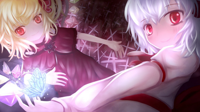 Обои картинки фото аниме, touhou, бабочка, flandre, scarlet, девушки, remilia, shoichi, улыбка, крылья, кристаллы, магия, арт