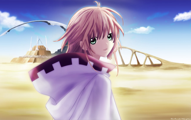 Обои картинки фото аниме, tsubasa reservoir chronicles, девушка, пустыня, sakura, улыбка, замок