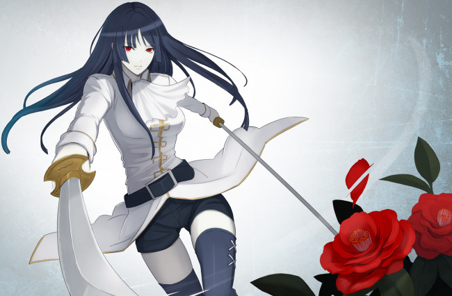 Обои картинки фото аниме, gintama, мечи, чулки, розы, красные, глаза, девушка, гинтама, imai, nobume
