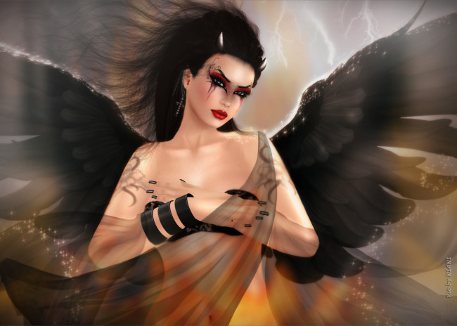 Обои картинки фото 3д графика, fantasy , фантазия, рожки, крылья, демон, девушка