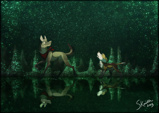 Картинка рисованное животные +собаки собака щенок река ображение
