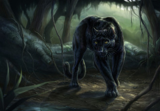 Картинка рисованное животные лес взгляд пантера