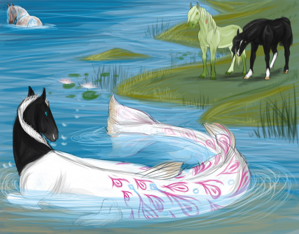 Обои картинки фото рисованное, животные,  сказочные,  мифические, лошади, луг, река
