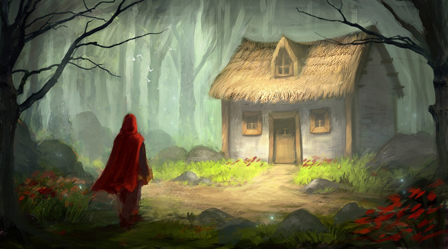 Обои картинки фото рисованное, живопись, сказка, красная, шапочка, дом, лес, птицы, плащ