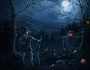 Картинка фэнтези маги +волшебники ведьма ночь кот луна тыква шляпа метла