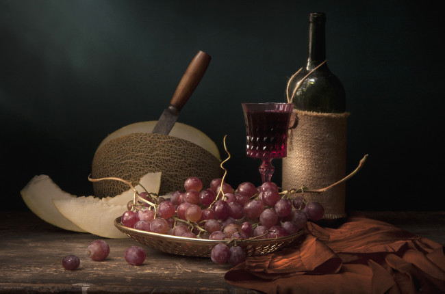 Обои картинки фото еда, натюрморт, вино, виноград, дыня