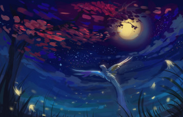 Картинка рисованное животные небо ночь дерево взлетает птица