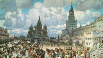 Картинка рисованное города кремль рынок люди площадь москва город картина
